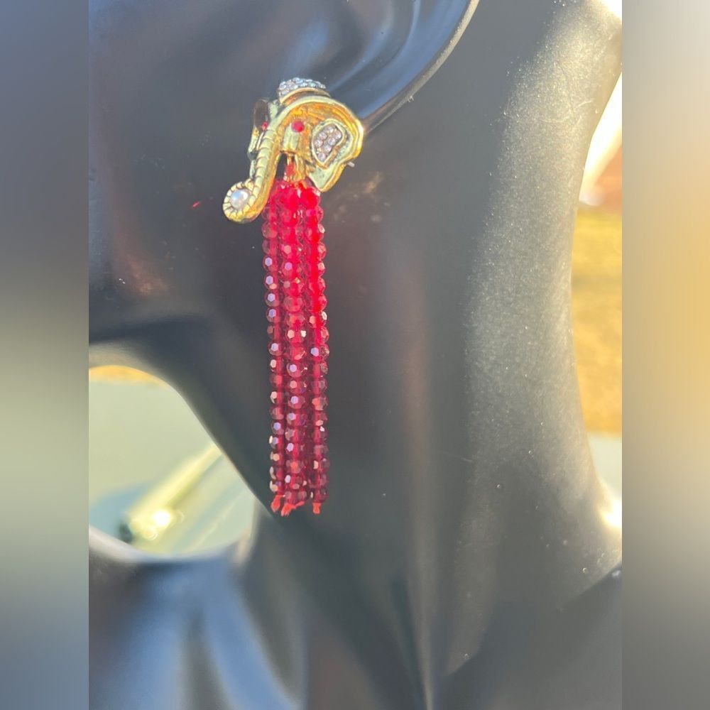 Gold Elephant Head Earrings with Red Bead Tassels - Picture 7 of 15